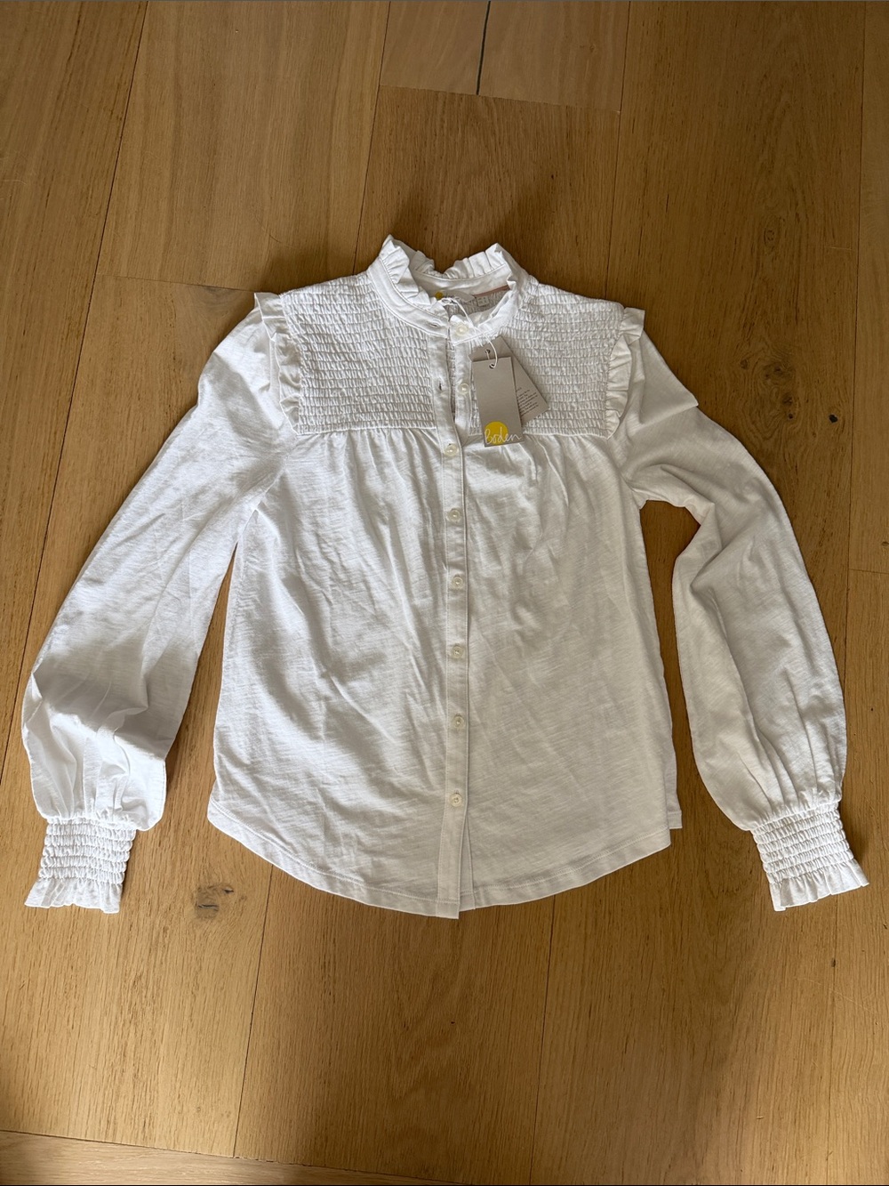 Boden White Smocked Yoke Button-Front Top